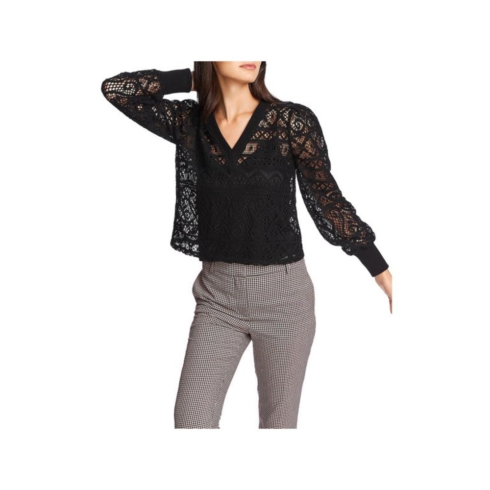 1.State Womens Lace Overlay V-neck Blouse